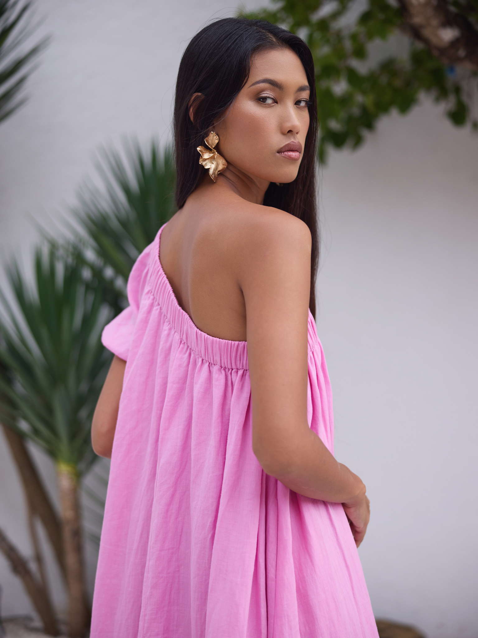 CAMI ONE-SHOULDER MAXI DRESS – WOMEN’S ASYMMETRICAL FLOWY PINK DRESS