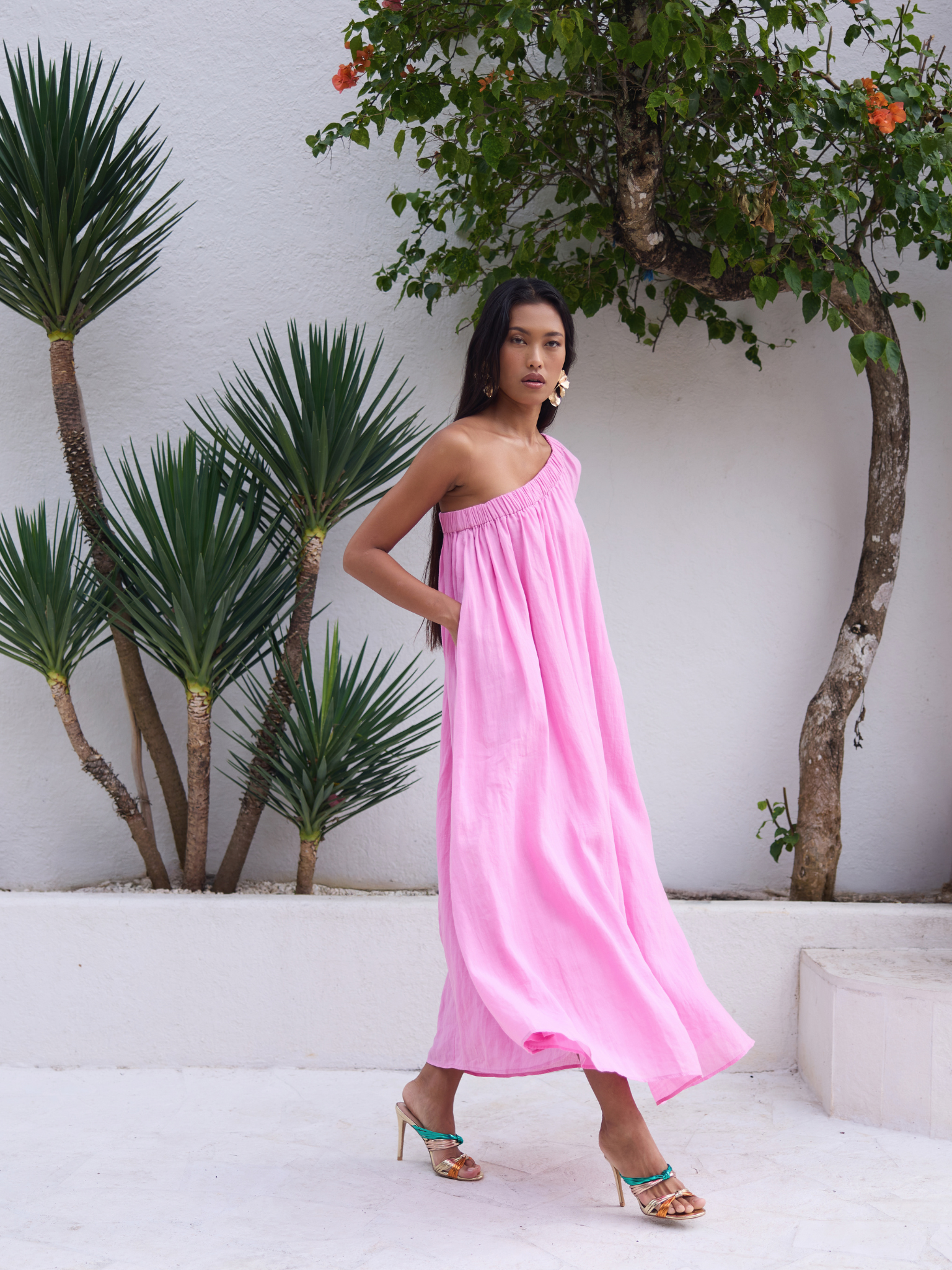CAMI ONE-SHOULDER MAXI DRESS – WOMEN’S ASYMMETRICAL FLOWY PINK DRESS