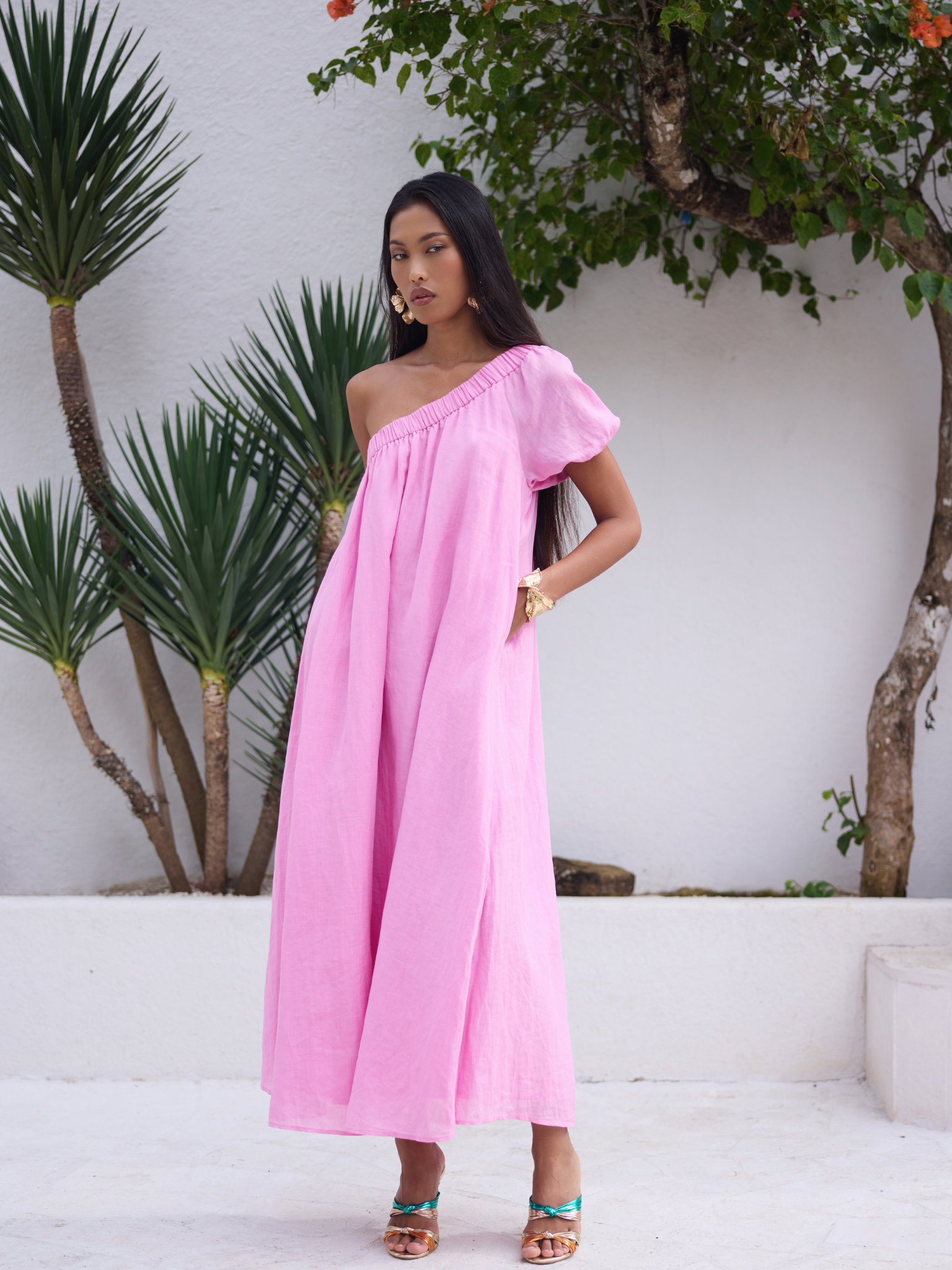 CAMI ONE-SHOULDER MAXI DRESS – WOMEN’S ASYMMETRICAL FLOWY PINK DRESS