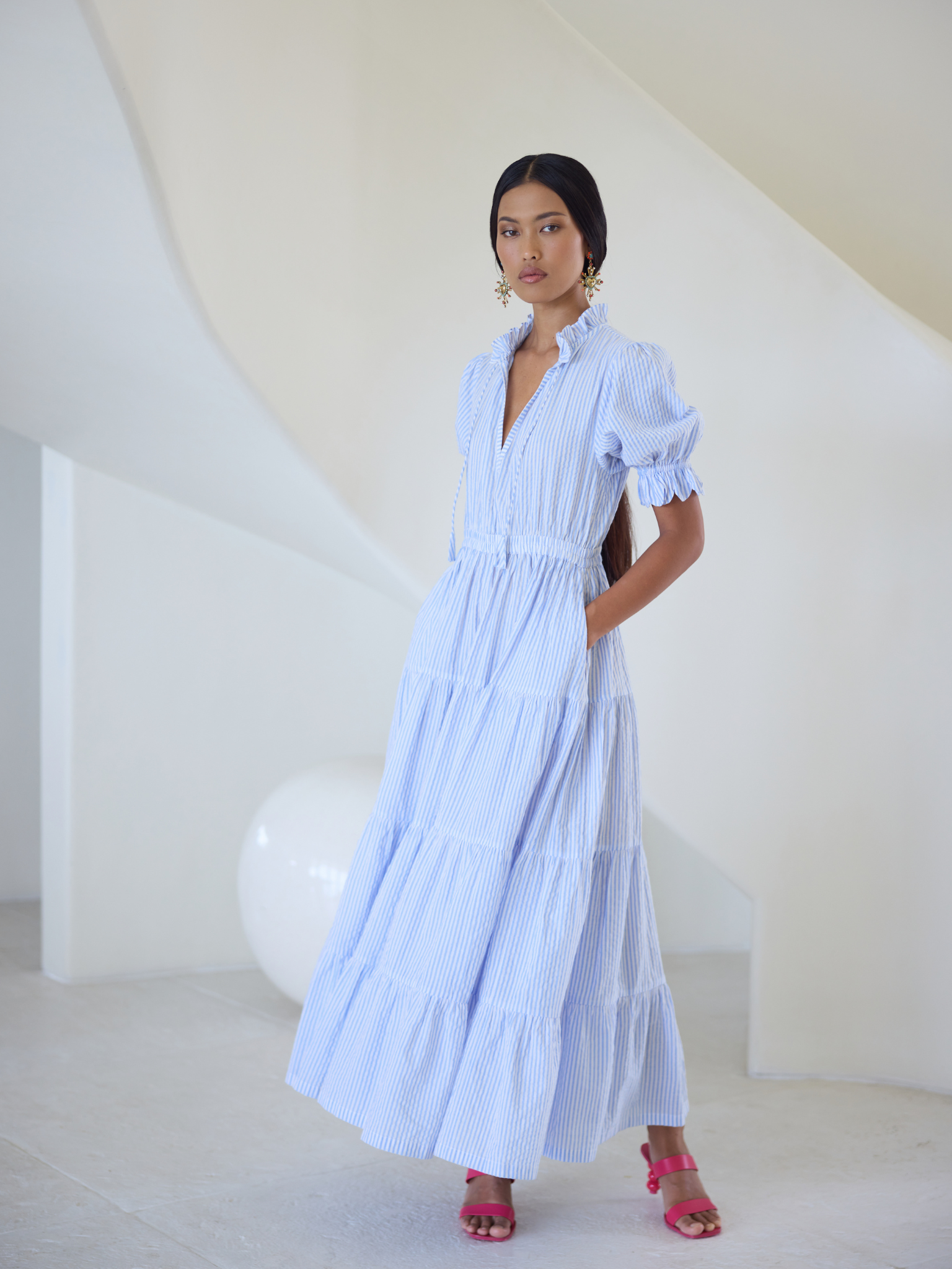 BLUE STRIPE SEERSUCKER MAXI  ELLIE DRESS – WOMEN’S FLOWY SUMMER DRESS