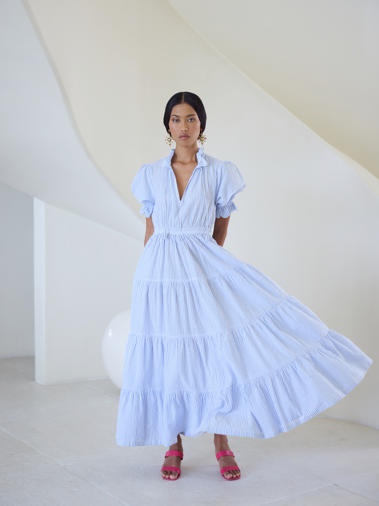 Blue Stripe Seersucker Maxi Ellie Dress – Women’s Flowy Summer Dress