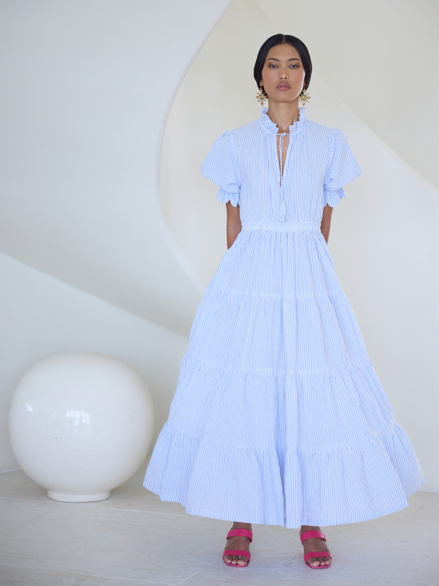 BLUE STRIPE SEERSUCKER MAXI  ELLIE DRESS – WOMEN’S FLOWY SUMMER DRESS