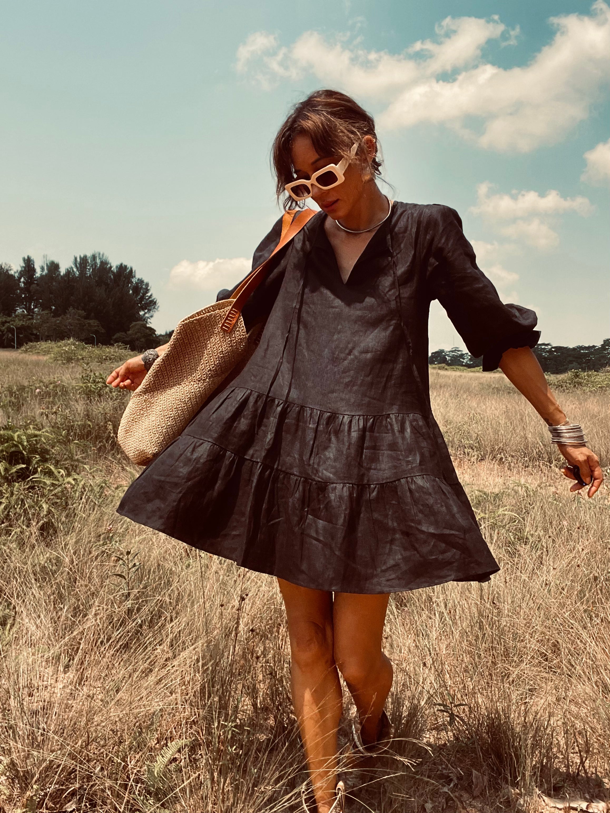 ADRIANA LINEN DRESS NOIR