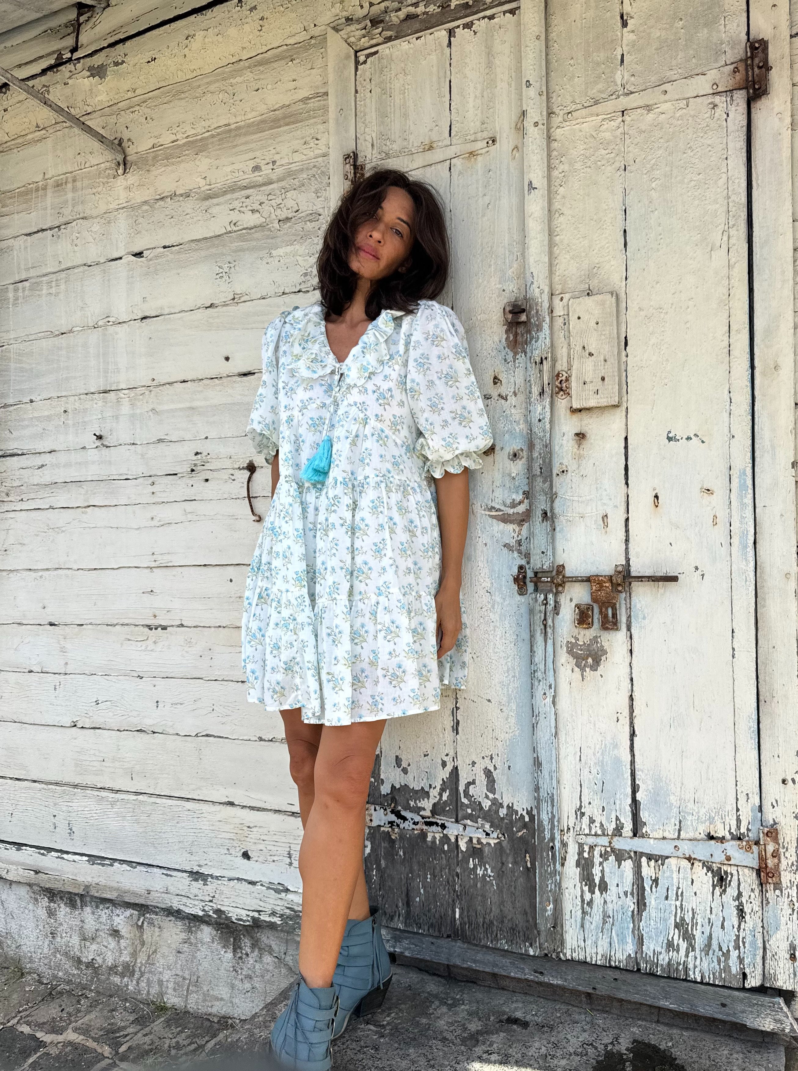 Block Printed Mini Dress in a ditsy floral blue